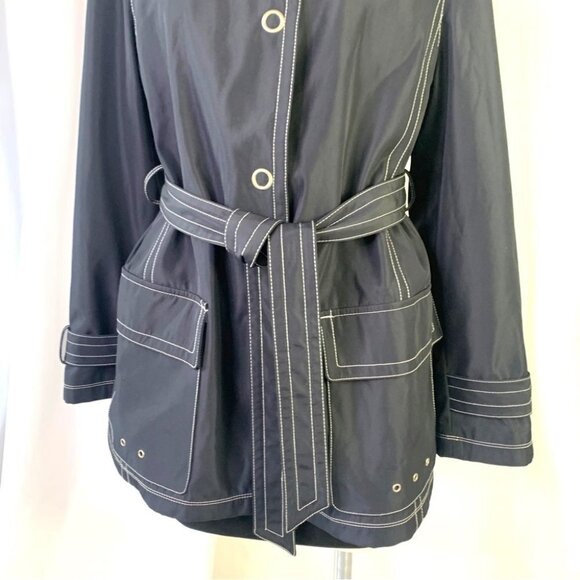 JONES NEW YORK BLUE COAT NAUTICAL TRENCH COAT  BELT CONTRASTING STITCHES LARGE - Picture 8 of 10